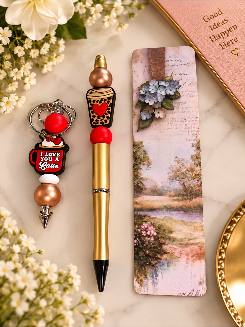 Gold Ballpoint Pen with Red Coffee Charm Accent